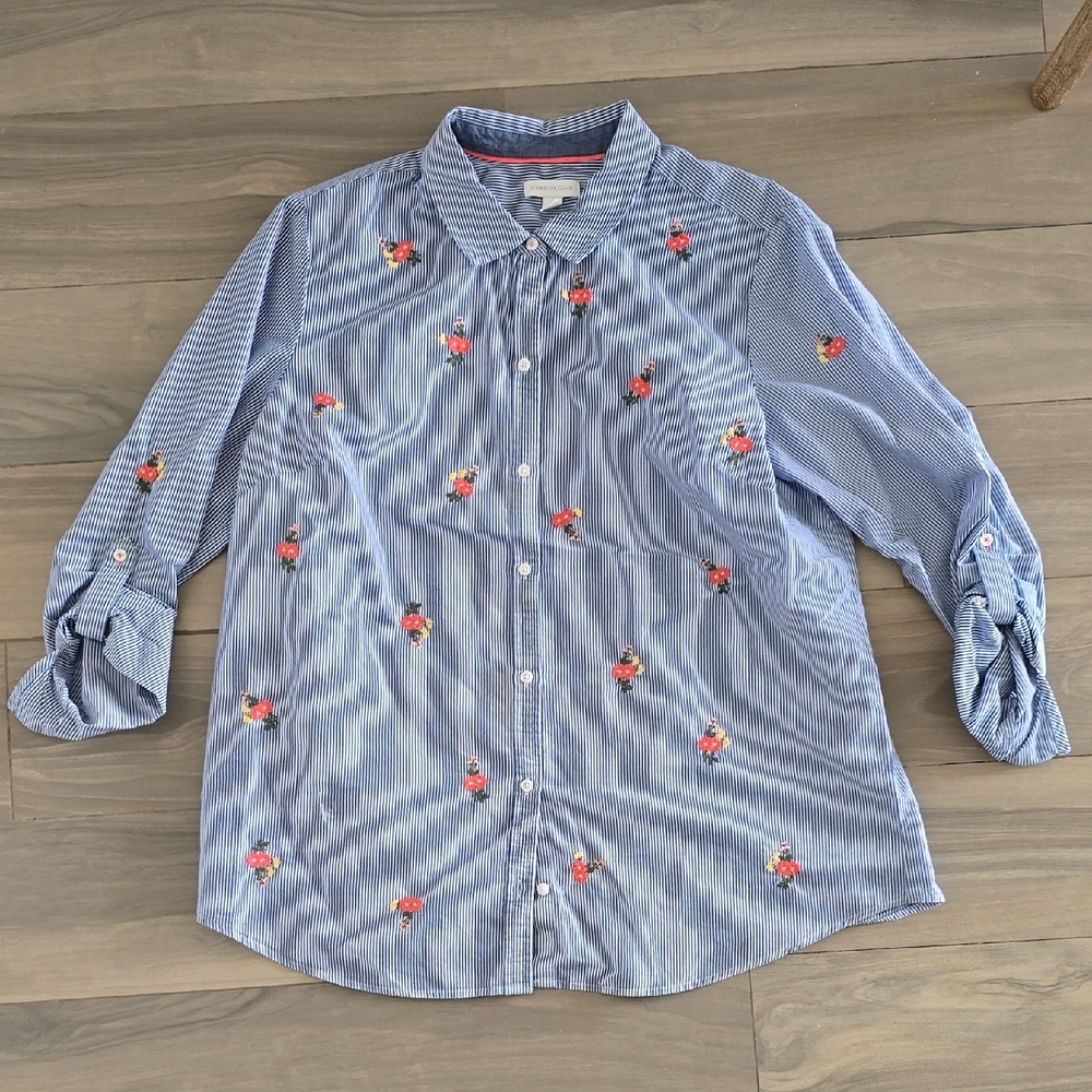 Charter Club Blue Striped Button Down Shirt with Floral Embroidery